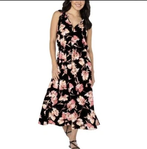 Well Worn Viscose & Linen Blend Sleeveless V-Neck Dress in Black & Pink Floral L - Picture 1 of 5