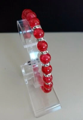 Armband Perlen Armband  Crackle Perlen in rot mit Strass Rondellen   20+4 cm - Bild 1 von 2