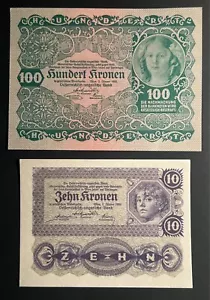 Austria Austrian Government 10 Kronen & 100 Kronen1922 - Picture 1 of 2