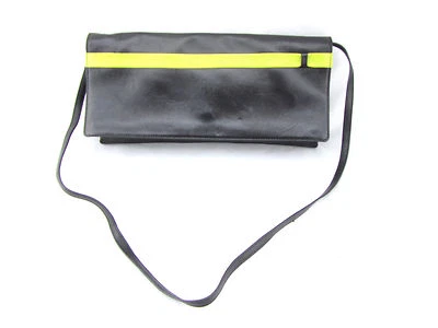 SERGIO ROSSI Black Lime Green Yellow Stripe Butter Soft Leather Clutch Bag Italy - Image 1 of 4