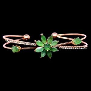 NATURAL AAA GREEN EMERALD & WHITE CZ STAINLESS STEEL CUFF BANGLE SIZE 6 INCH. - Picture 1 of 6