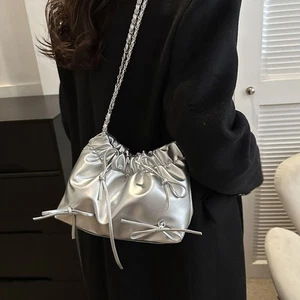 One-sided Pleated Design Plain Pleated Bag Casual Plain Bucket Bag Women - Picture 1 of 16