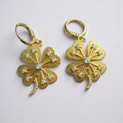 Anthropologie Flower Earrings Hoop Clover CZ Boho Petal Gold Lucky Charm Huggie  - Image 1 of 4