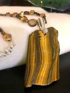 Hand Made Gold Tigers Eye Pendant with Wire Wrapped Bail Necklace - Picture 1 of 7