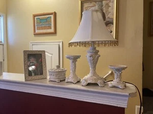 New Classic Element White 4 Piece Decor Set Lamp Frame Jewel Box 2 Candle Holder - Picture 1 of 9