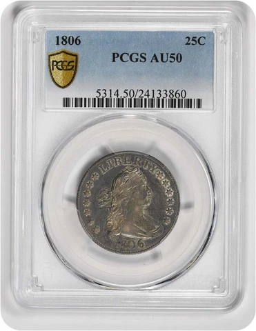 1806 Bust Silver Quarter AU50 PCGS Cover