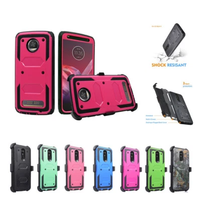 JACKPOT WIRELESS For Moto Z2 Play Shock Protection Built in Screen With Belt Clip Kickstand Case