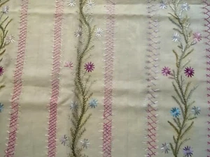 Vintage Wool Fabric w/ Silk Embroidered Flowers - Pink, Purple, Blue & White - Picture 1 of 6