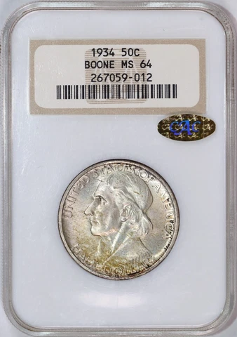 1934 Boone Commemorative Silver Half Dollar | NGC Fatty MS64 Gold CAC Cover