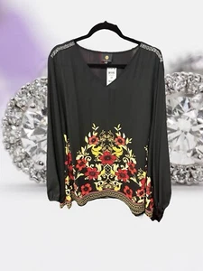 JM Collection women plus size 3X rhinestone shoulder blouse black red floral $64 - Picture 1 of 5