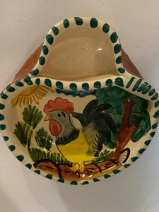 Vintage Hand Painted Olive Dish 2 section Glazed Pottery Signed Portugal Signed - Picture 1 of 9