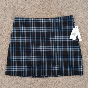 Joe B Skirt Large Short Black Blue Plaid Pull On Slit New - Picture 1 of 9