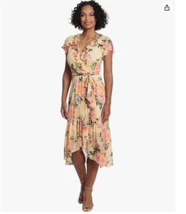 NWT London Times Boho Floral Printed Midi HiLo Dress Petites size 8 faux wrap - Picture 1 of 14