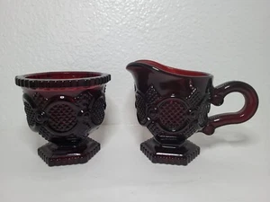 Vintage Avon Cape Cod 1876 Sugar & Creamer Set Ruby Red Glass Holiday Romantic - Picture 1 of 4