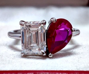 925 Silver Emerald & Pear Two Stone Toi Et Moi Simulated Diamond Wedding Ring - Picture 1 of 10