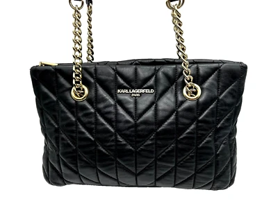 Karl Lagerfeld Paris Karolina East West Black Quilted Leather Tote Handbag - Image 1 of 4