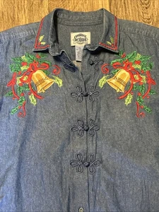 Vintage Cambridge Dry Goods Hemd Damen S Blau Denim Christmas Bells Holly   - Bild 1 von 15
