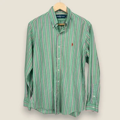 Винтажная мужская рубашка Ralph Lauren на пуговицах средний размер зеленая оранжевая в полоску хлопок - Изображение 1 из 4