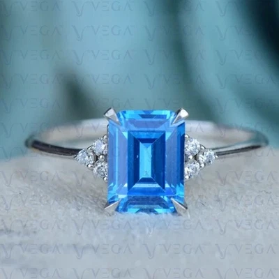 4.20Carat Emerald Cut Natural Topaz and Diamond Prong Ring 18K White Gold Plated - Image 1 of 4