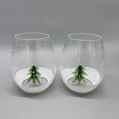 x2 Juego de copas de vino sin tallo de árbol flotante invierno vacaciones de Navidad nieve brillante Foto 1 de 4