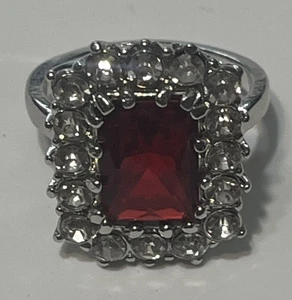 Red & Clear Crystal Silver Tone Ring Size-7 - Picture 1 of 4