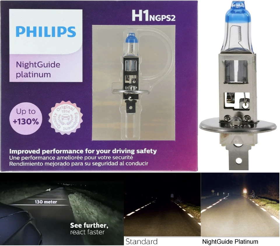 Philips Night Guide Platinum H1 55W Dos Bombillas Luz Antiniebla Repuesto Plug Play OE Foto 1 de 4