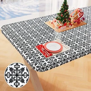 Rectangle Vinyl Table Cloth, Elastic Fitted Flannel Backed Tablecloth, 100% W... - Picture 1 of 7