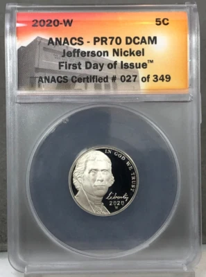 2020-W US 5c Jefferson Nickel ~ WEST POINT ~ ANACS PR70 DCAM First Day of Issue - Image 1 of 4