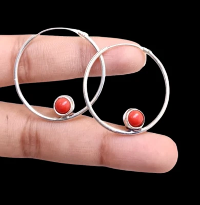 Позитивный коралл Бали обруч 925 пробы покрытием 1 пара серьги ювелирные изделия A092 ~ - Изображение 1 из 4