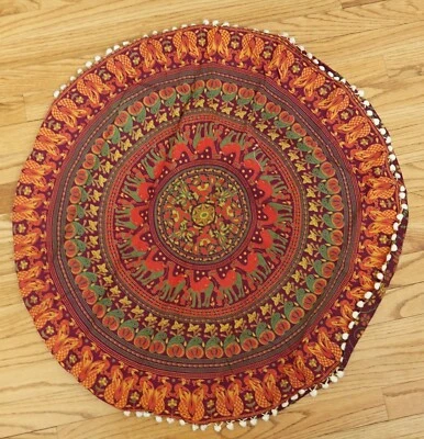 Gokul Handloom Large Decorative Mandala Round Pillow Cover Sham Bohemian Pom Pom - Image 1 of 3