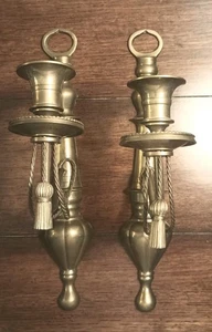 Vintage Brass Candle Wall Sconces Pair Rope And Tassel 12 In Unpolished - Picture 1 of 9