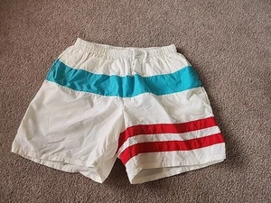 Vtg 70s 80s Jantzen Sport Swim Trunks Board Shorts White Red Blue USA Striped - Picture 1 of 12