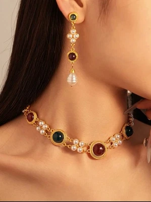 French Court Style High-Grade Sense Of Niche Earrings & Necklace Set Retro Color - Image 1 of 4