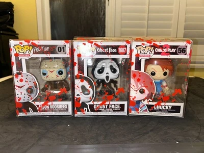 Funko Pop Horror Lot of 3 Ghost Face, Chucky and Jason with bloodied Protectors