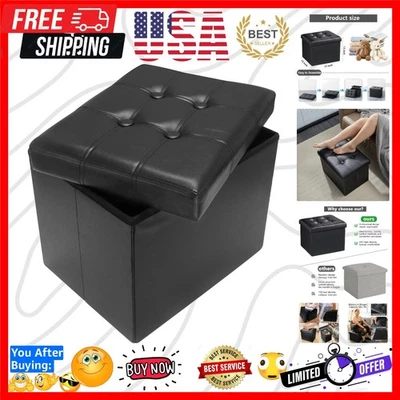 Storage Ottoman Folding Foot Rest Stool, Leather Footstool Bench, Short Ottom... - Image 1 of 4