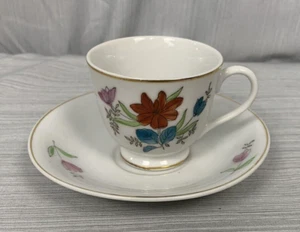 Fine China tazza da tè e piattino rosa, acqua e fiori bordeaux con bordo oro - Foto 1 di 13