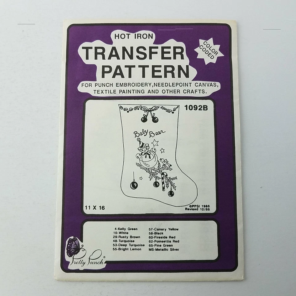 Pretty Punch Hot Iron Color Coded Transfer Pattern #1092B Baby Bear Sock 11x16 - Image 1 of 1