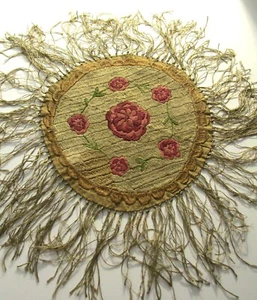 VTG. HUNGARIAN HANDMADE EMBROIDERED SILK w/FRINGE DOILY (10"+ Fringe) 1 LG.ROSE - Picture 1 of 4
