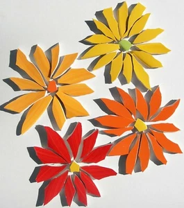 4" Yellow, Orange & Red Daisy Flowers Broken Cut China Plate Mosaic Tile Set    - Picture 1 of 3