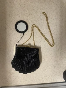 Vintage Black Beaded Purse/Clamshell - Imagen 1 de 4
