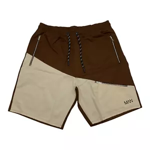 NWT Boohoo Men's Brown/Cream Spliced Cargo Shorts with Zip Pockets Large B74 - Picture 1 of 5