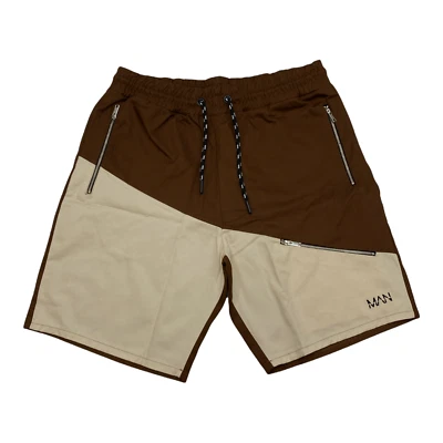 Pantalones Cortos Carga Empalmados Marrón/Crema Boohoo Para Hombre Nuevos con Etiquetas con Bolsillos con Cremallera Grandes B74 Foto 1 de 4