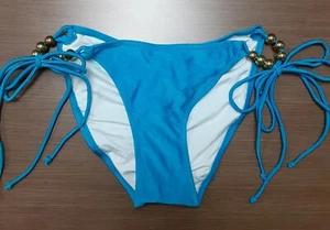 Victoria's Secret Turquoise Blue Gold Bead Tie Side Bikini Bottom Sz L - Picture 1 of 4
