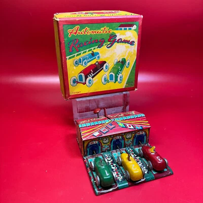 Juego de carreras automático HAJI LEVER WIND de 1950 con caja de tres coches juguete de hojalata Japón Foto 1 de 4