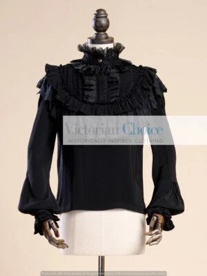 Blusa Camisa Victoriana Eduardiana Gótica Cuello Alto Negra Bruja Steampunk B008 Foto 1 de 4