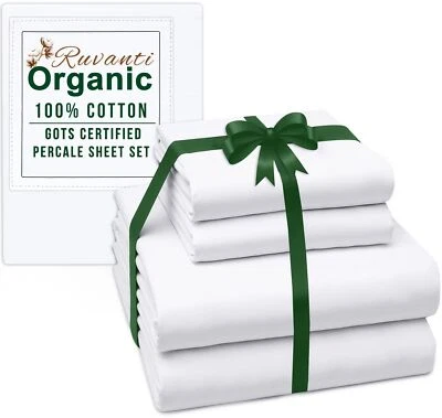 4 Piece 100% Organic Cotton Bed Sheet Set Deep Pocket 200 Thread Count Cozy Soft - Image 1 of 2