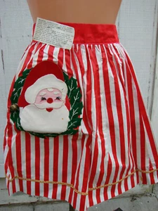 Vintage Half Apron Christmas Santa Claus Applique Pocket Hostess Metal Bell  - Picture 1 of 5