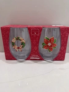 New Winterberrie Lane Jeweled Poinsettia Stemless Wine Glasses 19 Oz Christmas - Picture 1 of 3