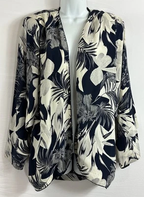 Jaqueta Blazer Vintage Karen Kane Tamanho S Azul Branco Floral Frente Aberta Manga Longa - Imagem 1 de 4