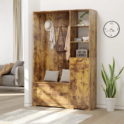 Hall Tree with Peg Board&Hooks Mudroom Organizer 47.2 英寸长 x 15 英寸宽 x 73.2 英寸高 — 第 1/4 张图片